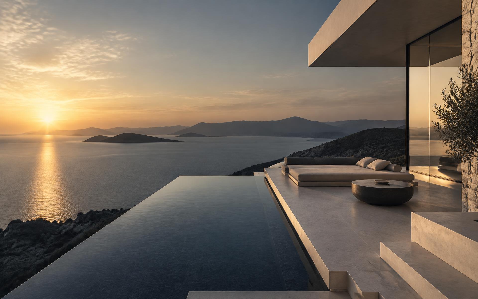 Horizonte amplio al amanecer desde una arquitectura moderna